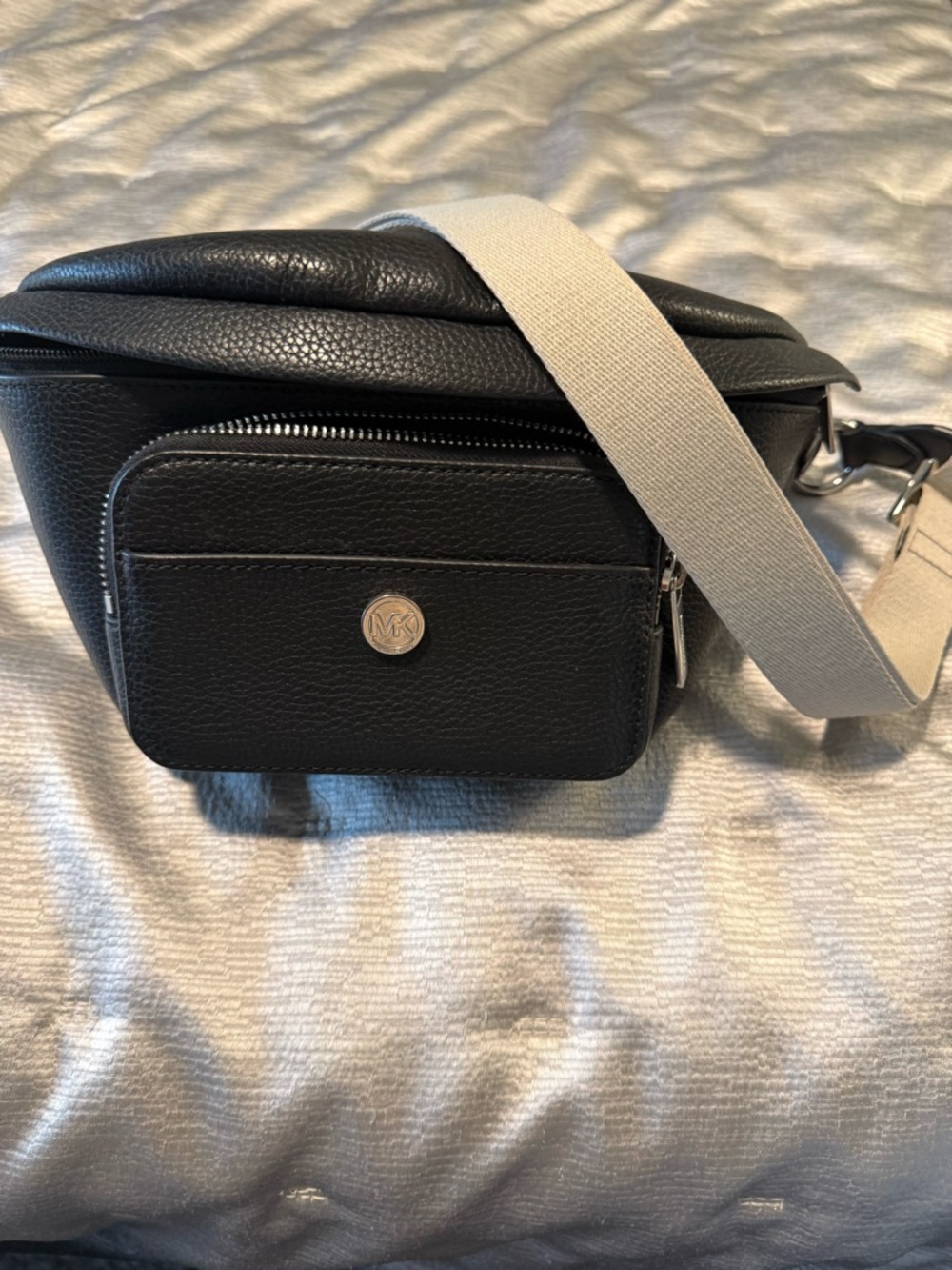 Michael Kors Black Leather Belt Bag with Cream Canvas Strap
